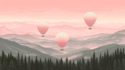 Obraz premium Three Pastel Pink Hot Air Balloons Soaring Over Misty Mountains at Dawn