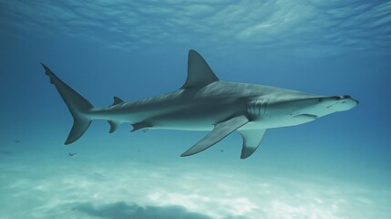 Obraz premium Grey Shark Underwater in Blue Ocean Sunlight