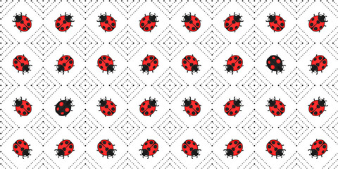 Red and black ladybugs and black striped rhombuses of dots on a white background. Endless texture with cute insect and geometric ornament. Vector seamless pattern for wrapping paper, surface texture