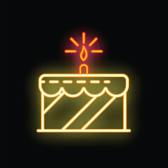 Bright neon icon of a birthday cake with a burning candle, perfect for any celebratory design