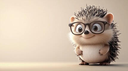 A cartoon hedgehog with glasses, standing on a clean one-color background, leaving room for text 