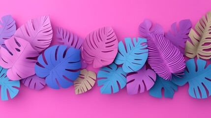 Fototapeta premium Colorful Paper Tropical Leaves Arranged on Pink Background