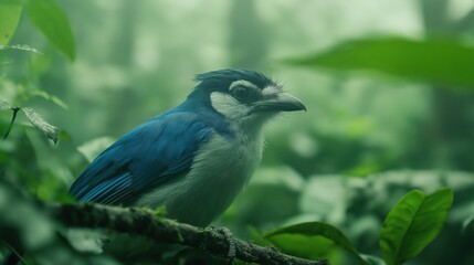 Obraz premium Blue Jay In Misty Green Forest