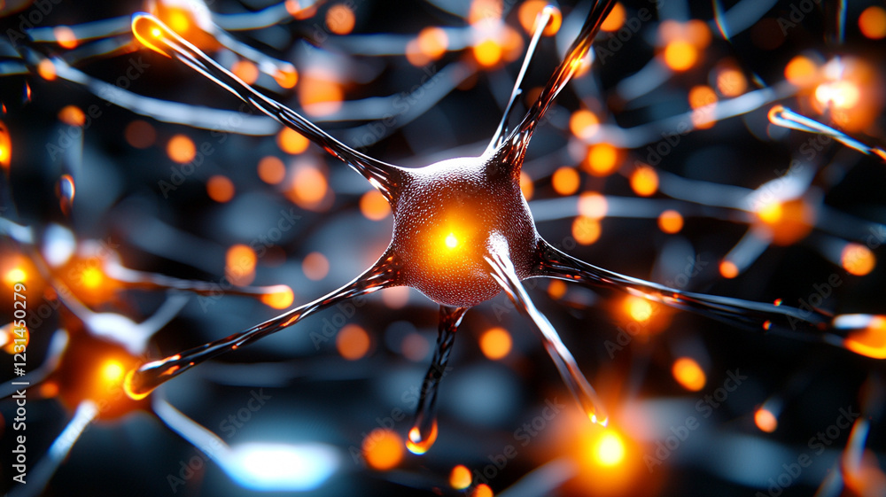 Poster glowing neuron synapses microscopic view of a complex neural network