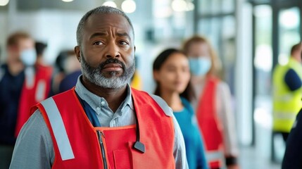 Fototapeta premium Head security officer guiding a multicultural team through emergency evacuation drills in a large facility.