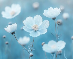 Soft blue cosmos flowers in a field.