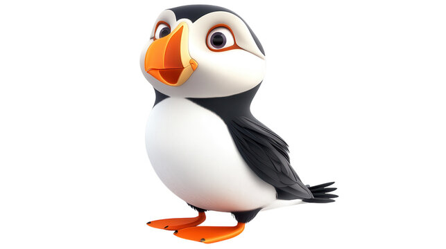 Cute cartoon puffin character stands cheerfully, showcasing vibrant colors and friendly expression in playful design