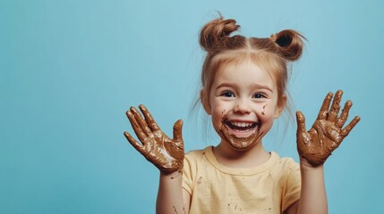 Joyful child with messy hands and face against blue backdrop