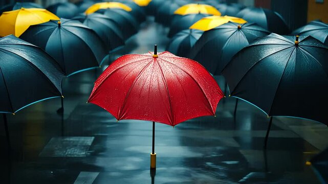 Red umbrella is the only one in a row of black and yellow umbrellas. Concept of loneliness and isolation, as the red umbrella stands out against the sea of black and yellow umbrellas