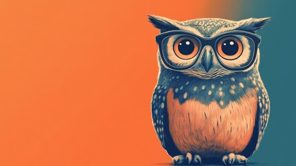 Fototapeta premium A cartoon owl with glasses, perched against a single-color background with ample copy space on the side 
