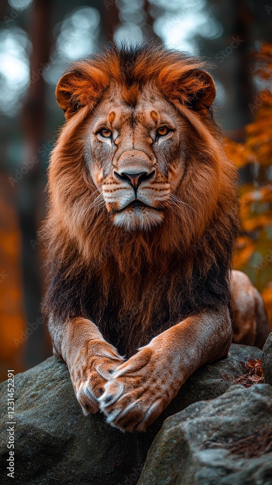 Poster a powerful lion reclines on a rugged rock, its brilliant mane catching the gentle rays of sunlight f