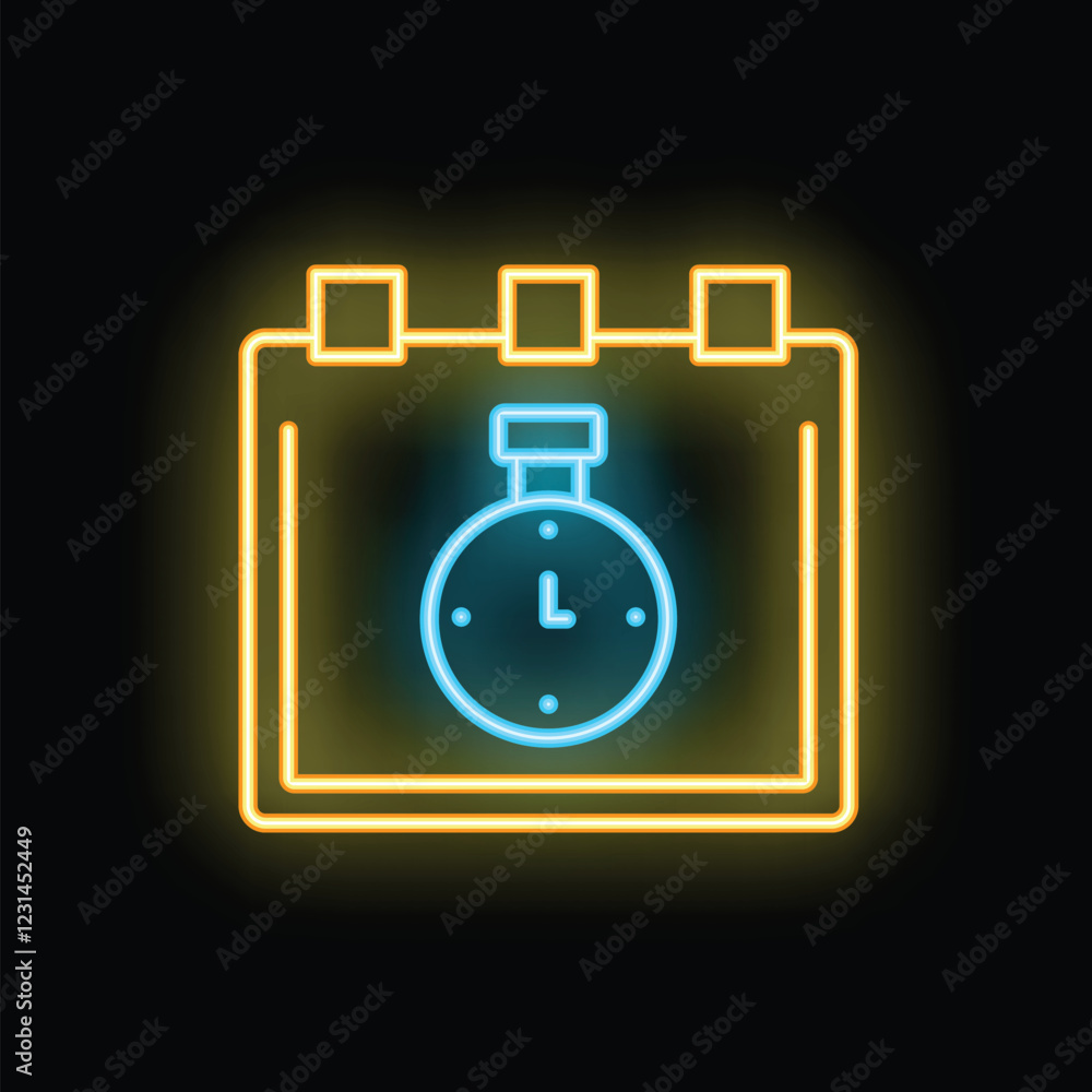 Poster neon icon of a calendar with a chronometer showing that time is passing by