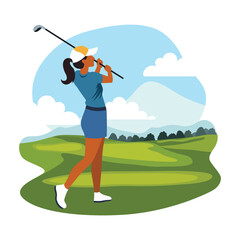 Woman Golfer Player Character Playing Golf Sport on the Field in Bright Sky
