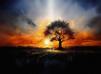 Fototapeta premium A lone figure stands before a majestic tree silhouetted against a vibrant sunset, bathed in ethereal light. The dramatic sky and tranquil landscape evoke a sense of peace and wonder.