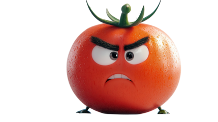 Red tomato character with an angry expression stands firmly on a white background