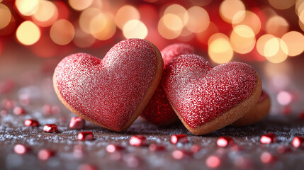 Fototapeta premium Romantic Red Glitter Heart Cookies Valentines Day Sweet Treats love food sugar tasty candy image 