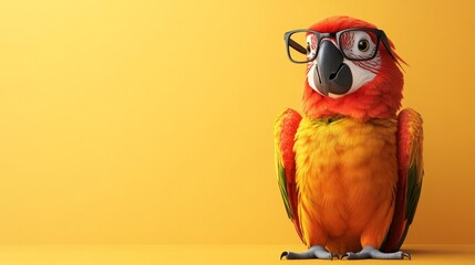 A cartoon parrot in glasses, sitting on a solid-color background, leaving space for copy on one side 