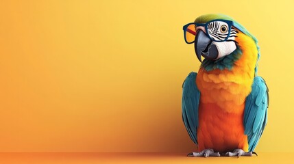 A cartoon parrot in glasses, sitting on a solid-color background, leaving space for copy on one side 