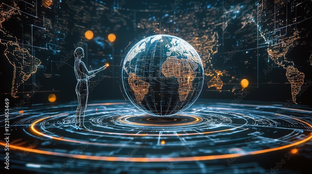 Poster futuristic digital interaction with glowing earth and data visualizations