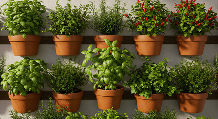 Vibrant Vertical Herb Garden: A Lush Collection of Basil, Rosemary, Thyme, and Chili Peppers Thriving in Terracotta Pots Against a Neutral Wall