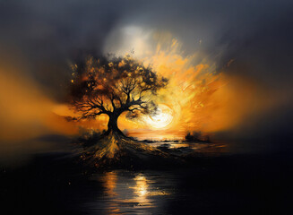 A lone tree stands silhouetted against a vibrant sunset, its roots exposed on a small island.  The scene is painted with dynamic brushstrokes and warm, fiery hues.