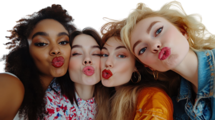 Group of friends enjoying fun moment together making funny faces in a bright indoor setting