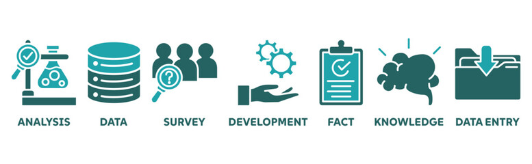 Research icon set illustration concept with icon of analysis, data, survey, development, fact, knowledge, data entry 