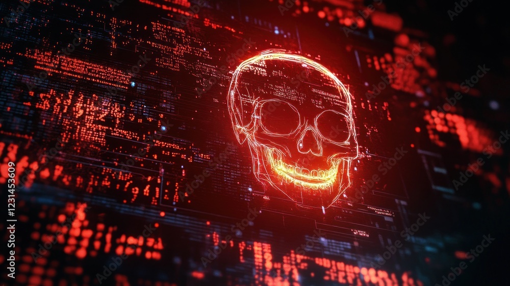 Poster Hacker Alert Underscored by Glowing Skull and Programming Code Illuminated with Red Light Concept of Cybersecurity Malware Threat