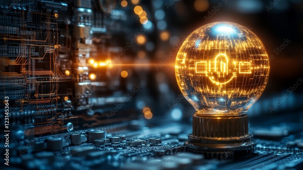 Poster illuminated lightbulb symbolizing innovation and technological advancement within a circuit board