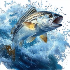 Striped Bass Leaping Out of Water Hyperrealism Illustration Fresh Seafood Nature