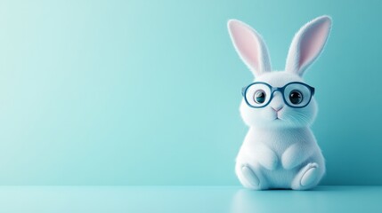 Obraz premium A cartoon rabbit with glasses, jumping against a smooth solid-color background, leaving space for text 