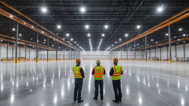 Industrial project supervisors inspecting the stability of a newly built warehouse floor.