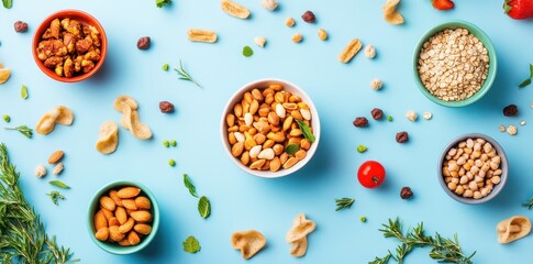 Creative flat lay showcasing an assortment of whole grain snacks for a healthy and fulfilling snack time.