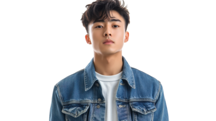 Young man poses confidently in a denim jacket against a plain white background