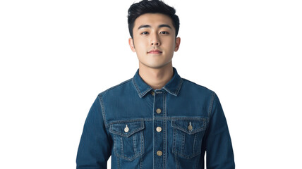 Young man in denim jacket poses confidently against a neutral backdrop during a casual indoor session