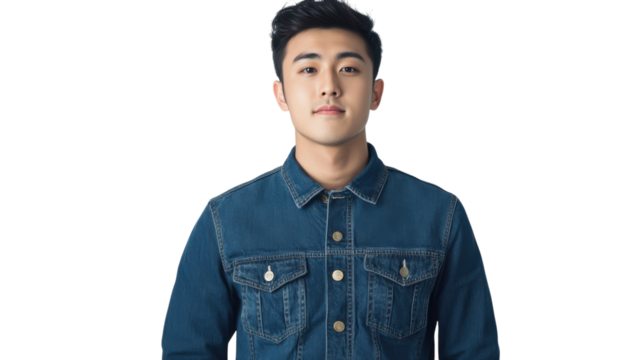 Young man in denim jacket poses confidently against a neutral backdrop during a casual indoor session