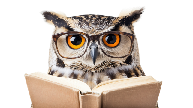 Owl with glasses reading a book, showcasing a whimsical blend of knowledge and nature in a playful way