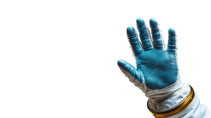 Hand wearing an astronaut glove reaching out against a white background in a futuristic context