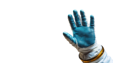 Hand wearing an astronaut glove reaching out against a white background in a futuristic context