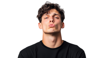 Young man making a playful kissing face with curly hair against a plain background