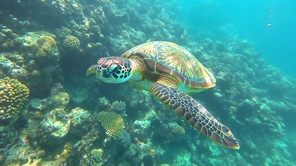 Fototapeta premium A close-up of a sea turtle gracefully swimming above a coral garden, Generative AI