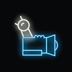 Bright blue and white neon sign depicting a professional video camera with external microphone, perfect for projects about streaming