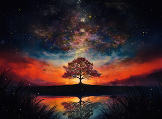 A solitary tree stands on a small island, its reflection mirrored in a still lake beneath a vibrant, star-filled night sky.  The colors are surreal and dreamlike, creating a mystical atmosphere.