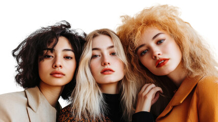 Obraz premium Three women pose closely together, showcasing diverse hairstyles and unique fashion styles in a studio setting