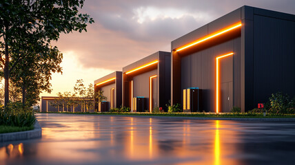 Modern Industrial Buildings at Sunset Sleek Architecture and Warm Lighting