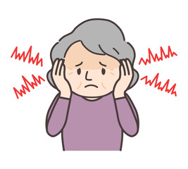 耳鳴りに悩むシニア女性のイラスト