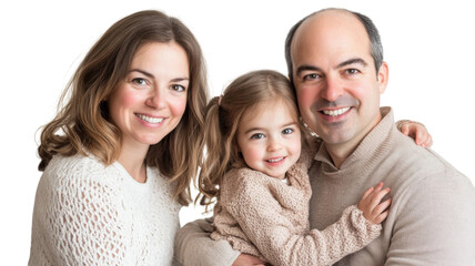 Smiling family portrait with parents and young daughter in cozy sweaters during a cheerful indoor setting