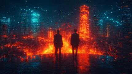 Two Silhouetted Figures Witnessing a Fiery, Futuristic Cityscape at Night