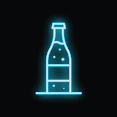 Blue neon sign showing a bottle of sparkling water with bubbles on a black background