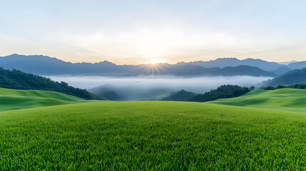 Fototapeta premium Sunrise over misty green valley, mountain backdrop, peaceful landscape, nature photography